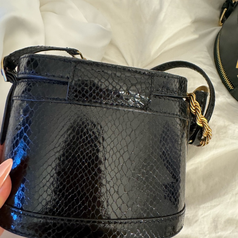 Black Snakeskin Bucket Bag with Gold Buckle Accent - Picture 4 of 11